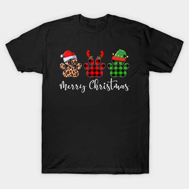 Merry Christmas Leopard Red Green Plaid Dog Paws T-Shirt by Dunnhlpp